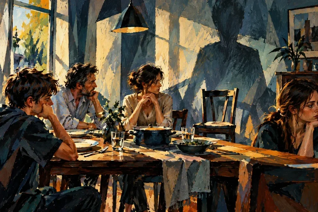 Ele está lá 8 Ilustração de família em silêncio ao redor da mesa de jantar, com uma grande sombra humana projetada na parede ao fundo.